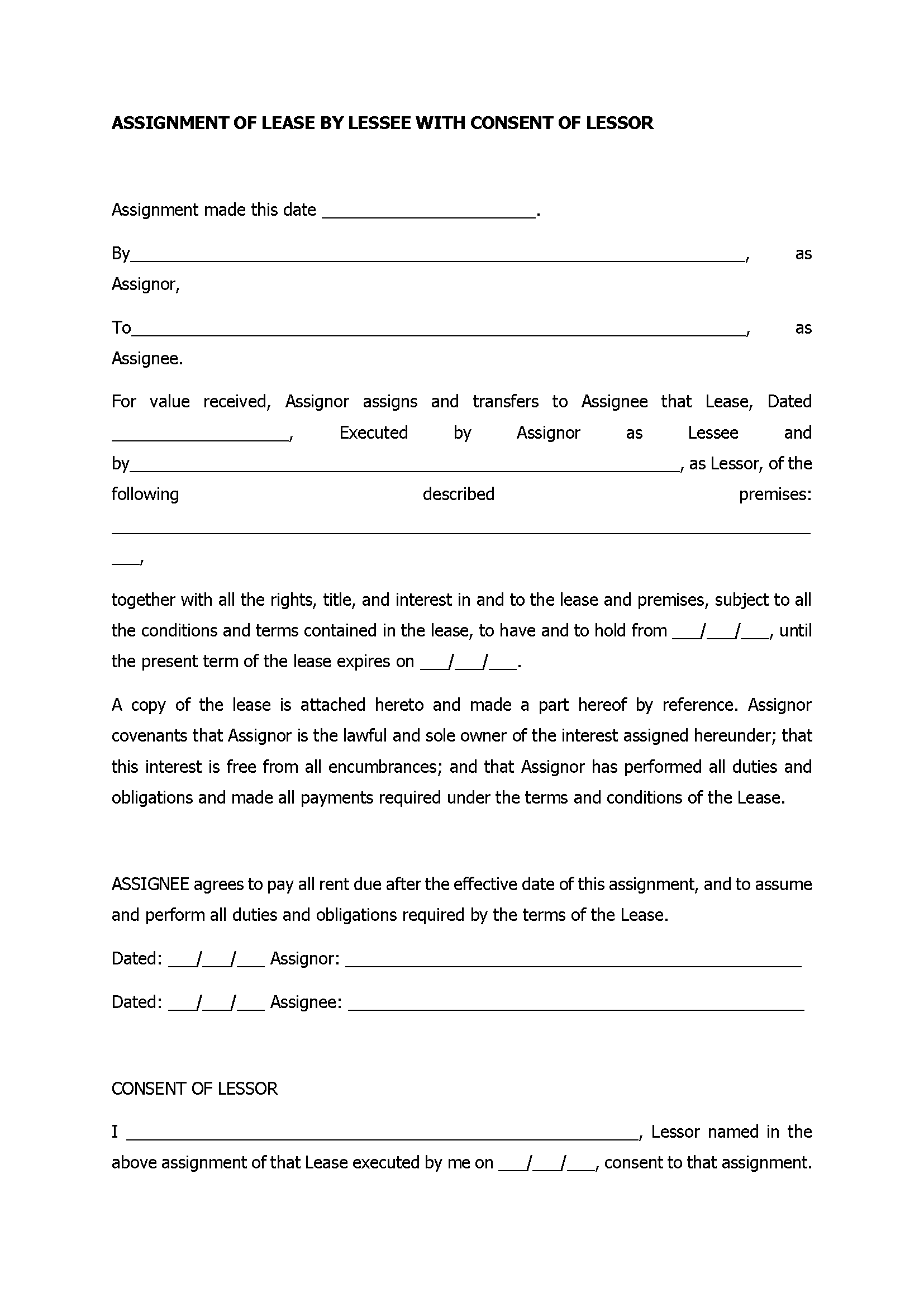 Assignment Of Lease By Lessee With Consent Of Lessor